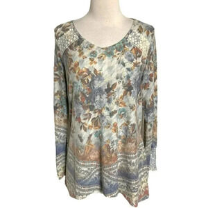 Unity World wear L ivory floral boho long crochet sleeve knit top